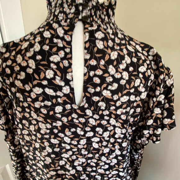 Pieces Black White Floral Flutter Long Sleeve Smocked Mock Neck Dress-Sz-XL - Picture 5 of 16